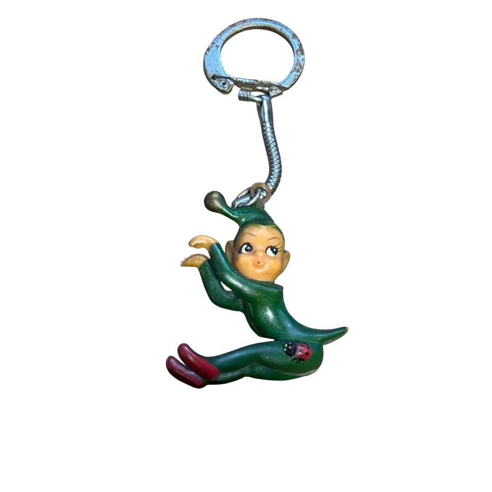 Vintage Pixie Elf Keychain Green Ladybug Retro Mid Century Kitsch